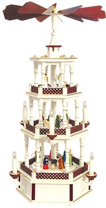 WeihnachtsPyramide Geburt und Engel weiss/bordeaux 3st�ckig elektrisch