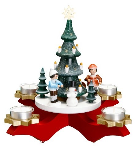 Adventsleuchter rot, mit Baum und Winterkinder farbig