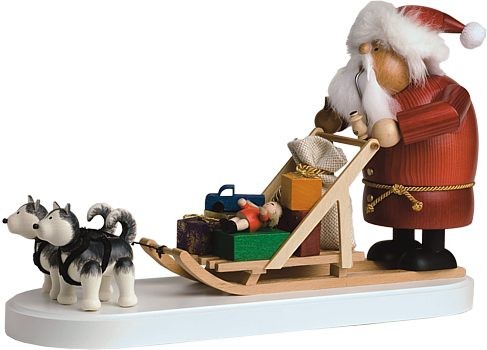 R�ucherfigur Weihnachtsmann mit Husky-Hundeschlitten