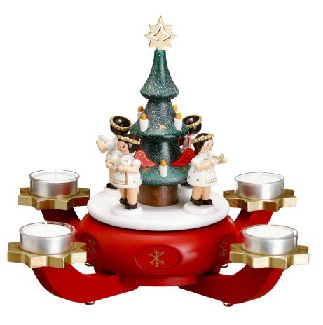 Adventsleuchter mit Spielwerk, rot mit Baum und Engeln