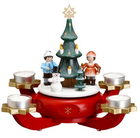 Adventsleuchter mit Spielwerk, rot mit Winterkinder
