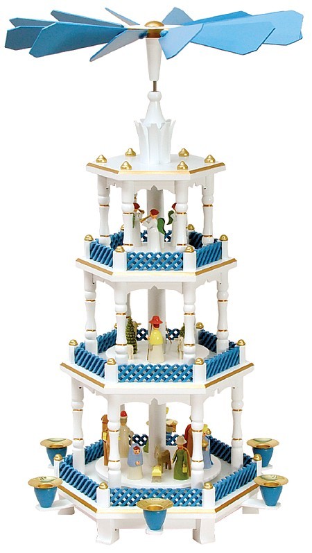 Weihnachtspyramide Geburt und Engel,  pastell-blau-wei�