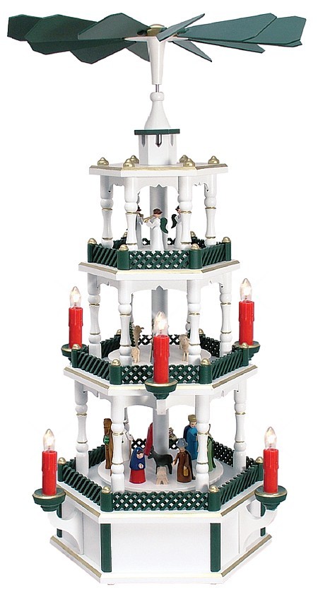 WeihnachtsPyramide Geburt und Engel wei�-gr�n 3st�ckig elektrisch