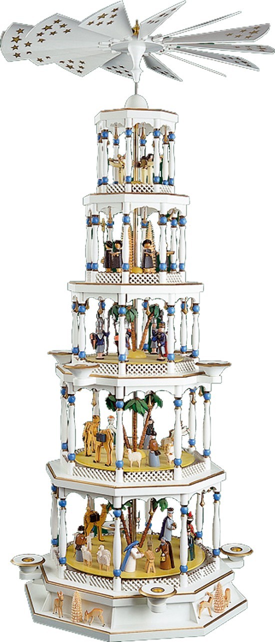 Weihnachtspyramide Christi Geburt 5stöckig mit Spielwerk weiß Weihnachtspyramide Christi Geburt 5stöckig mit Spielwerk weiß