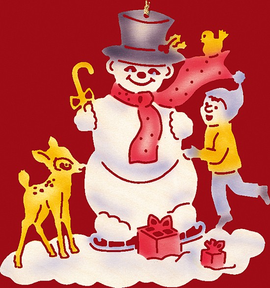 Fensterbild Weihnachten farbig, Schneemann mit Kind und Rehkitz - klein Fensterbild Weihnachten farbig, Schneemann mit Kind und Rehkitz - klein