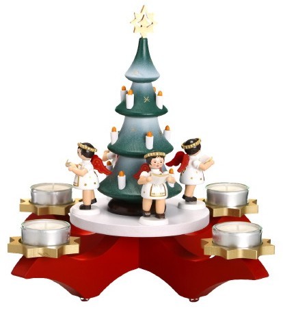 Adventsleuchter rot, mit Baum und 4 Engeln, farbig Adventsleuchter rot, mit Baum und 4 Engeln, farbig