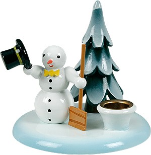 Kerzenhalter Schneemann mit Schippe und Baum