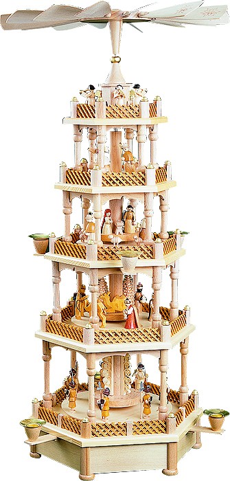 Weihnachtspyramide Christi Geburt 4-stöckig, natur, Spielwerk Weihnachtspyramide Christi Geburt 4-stöckig, natur, Spielwerk