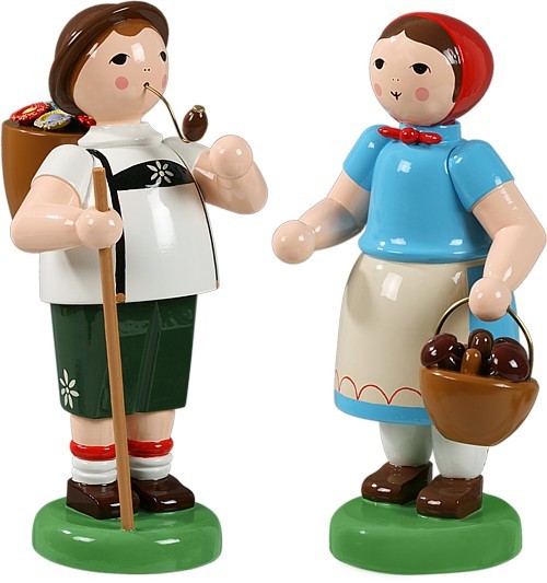 Bauernpaar mit Wanderstab und Pilzkorb Bauernpaar mit Wanderstab und Pilzkorb