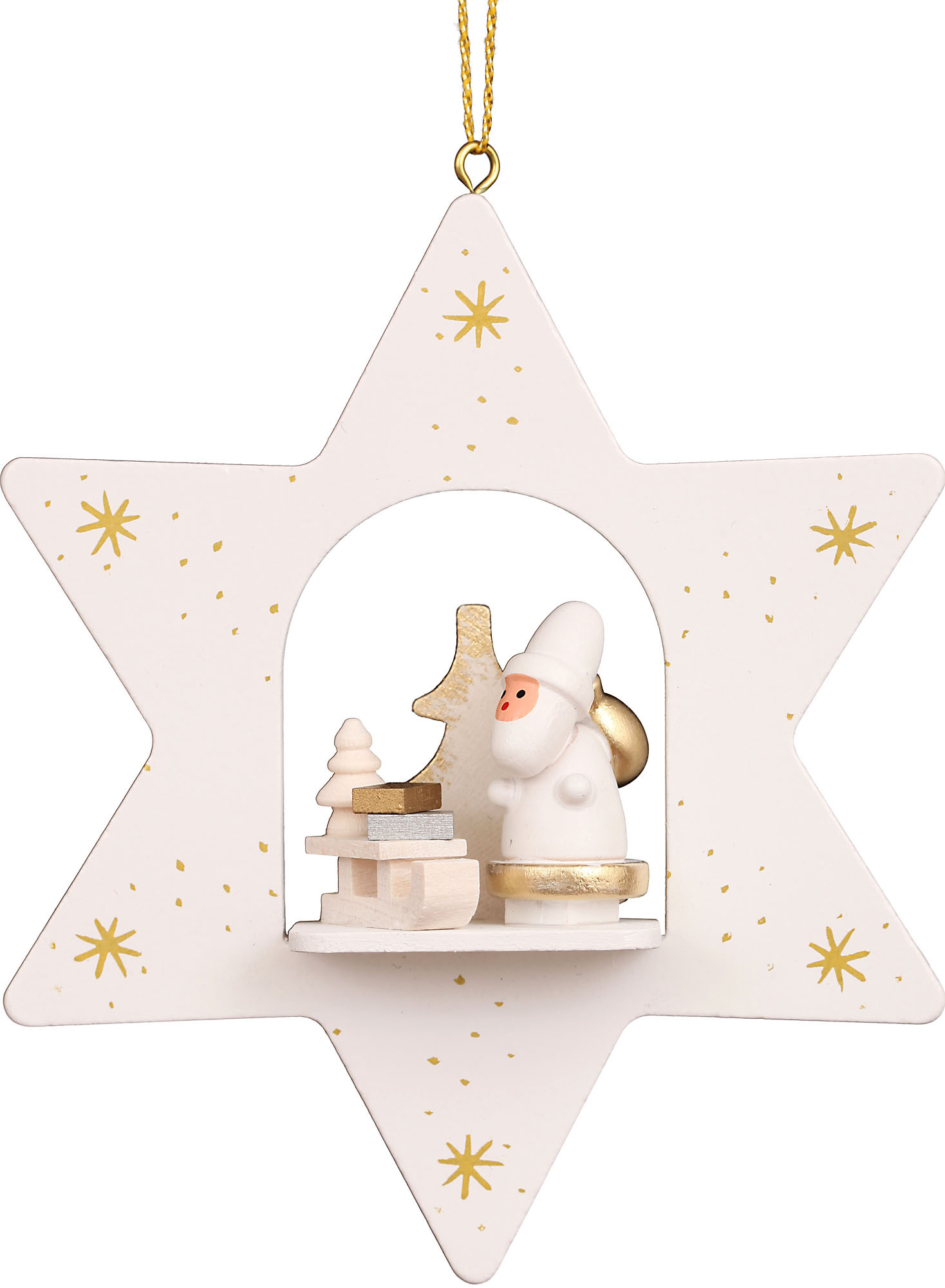 Baumbehang Stern weiß Weihnachtsmann mit Schlitten