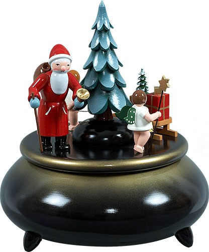 Spieldose - Weihnachtsmann, 2 Engel mit Schlitten blau-gold