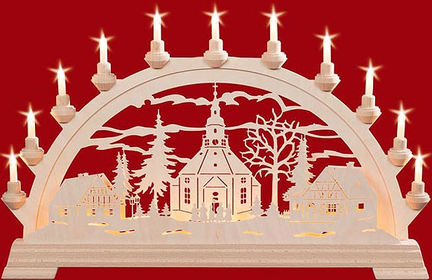 elektr. Schwibbogen, doppelt Seiffener Kirche + Zaun Kurrende, Häuser elektr. Schwibbogen, doppelt Seiffener Kirche + Zaun Kurrende, Häuser