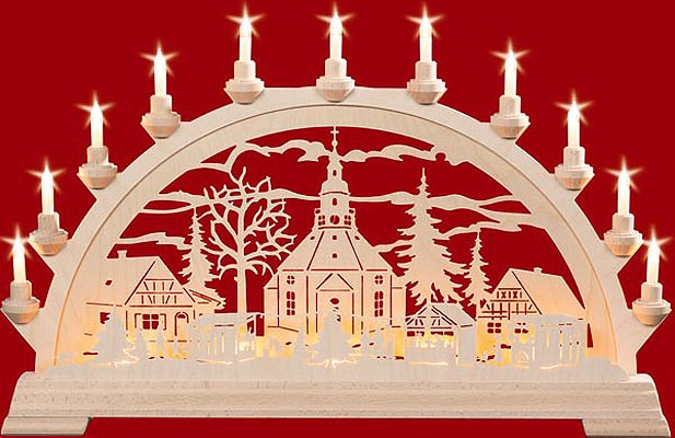 elektr. Schwibbogen, doppelt Seiffener Kirche + Zaun Weihnachtsmarkt