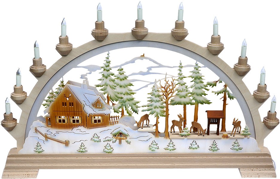 elektr. Schwibbogen Forsthaus mit Figuren, farbig elektr. Schwibbogen Forsthaus mit Figuren, farbig
