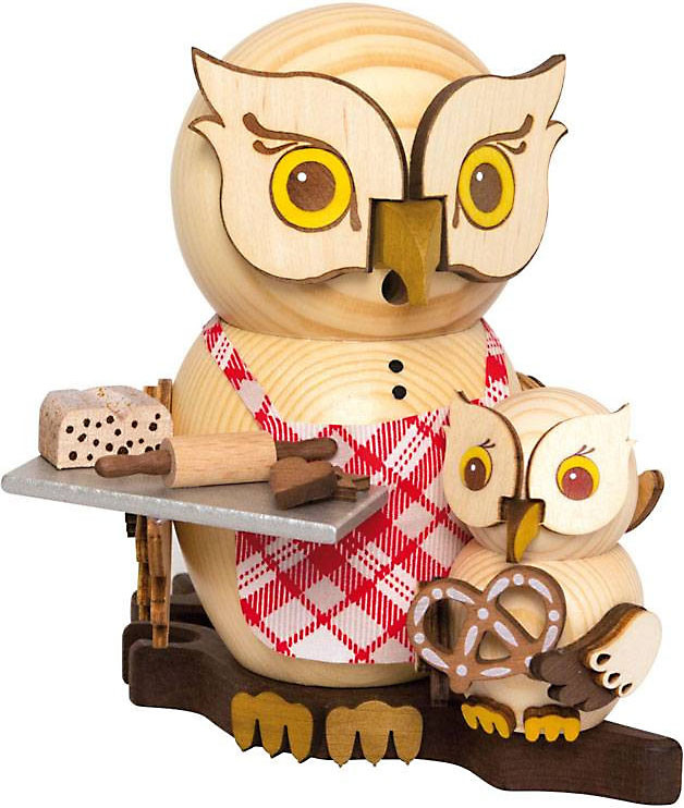 Räucherfigur Eule Weihnachtsbäckerei mit Kind
