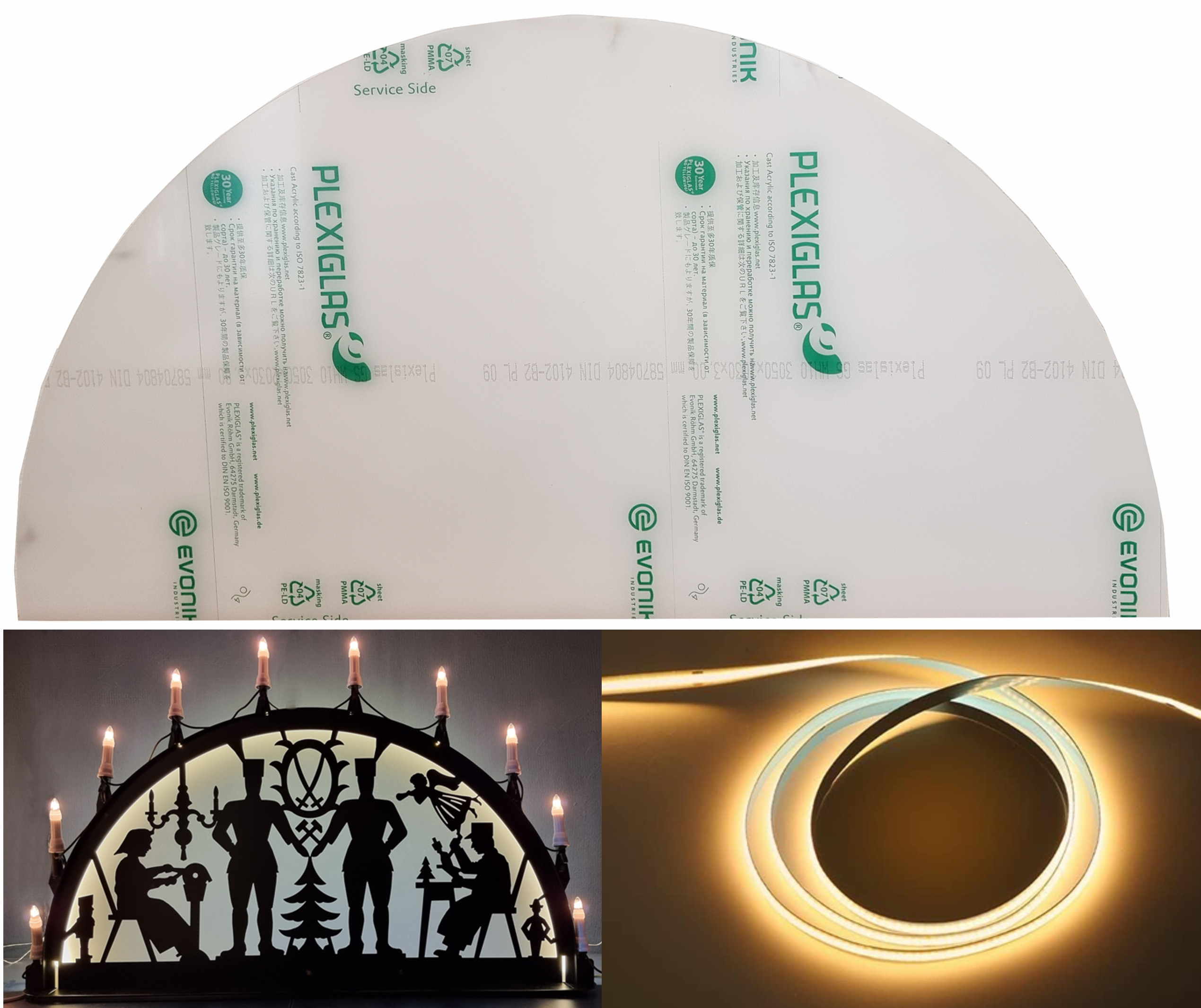 Hinterlegung Plexiglasscheibe mit LED Beleuchtung für Außenschwibbogen 1 m