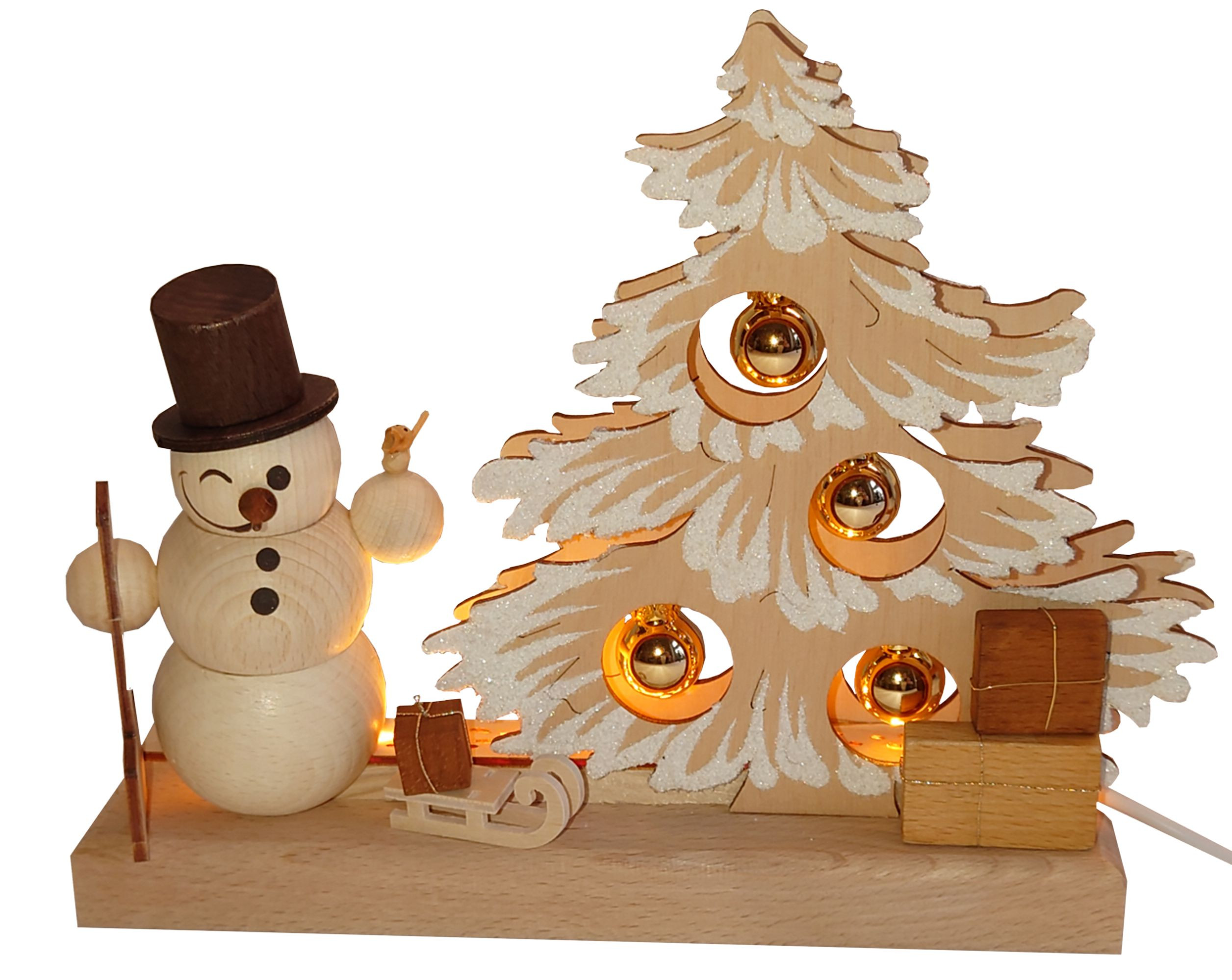 Tischschmuck Tannenbaum mit goldenen Kugeln, Raureif und Schneemann