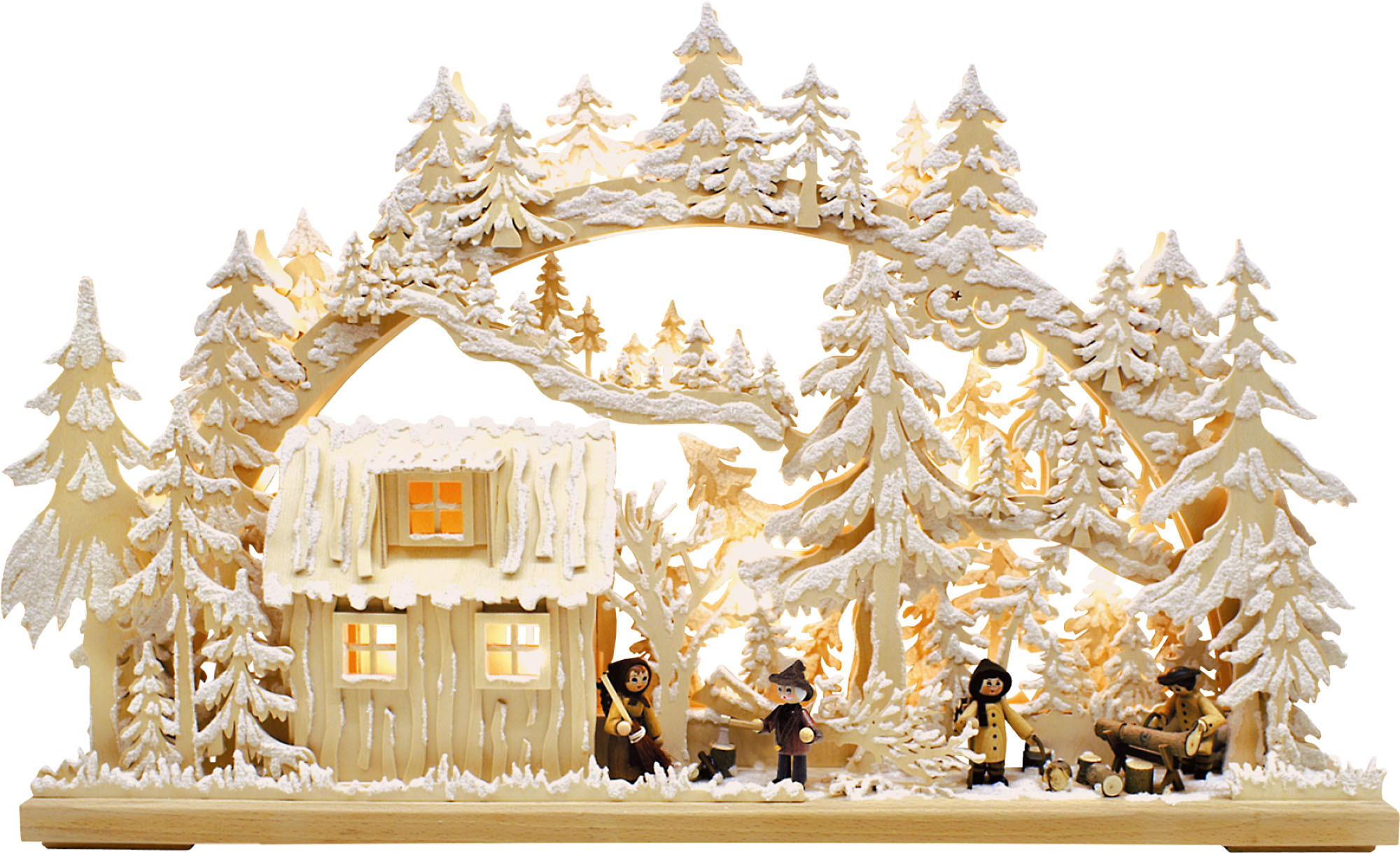 3D-Schwibbogen Blockhütte, mit Waldarbeitern, groß, Raureif 3D-Schwibbogen Blockhütte, mit Waldarbeitern, groß, Raureif