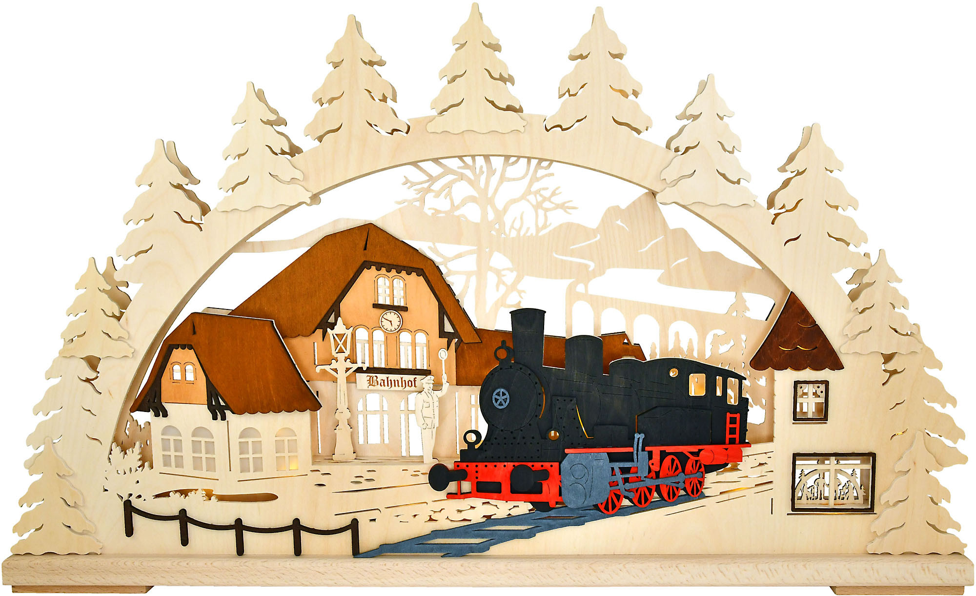 3D Schwibbogen Bahnhof mit Dampflok, groß