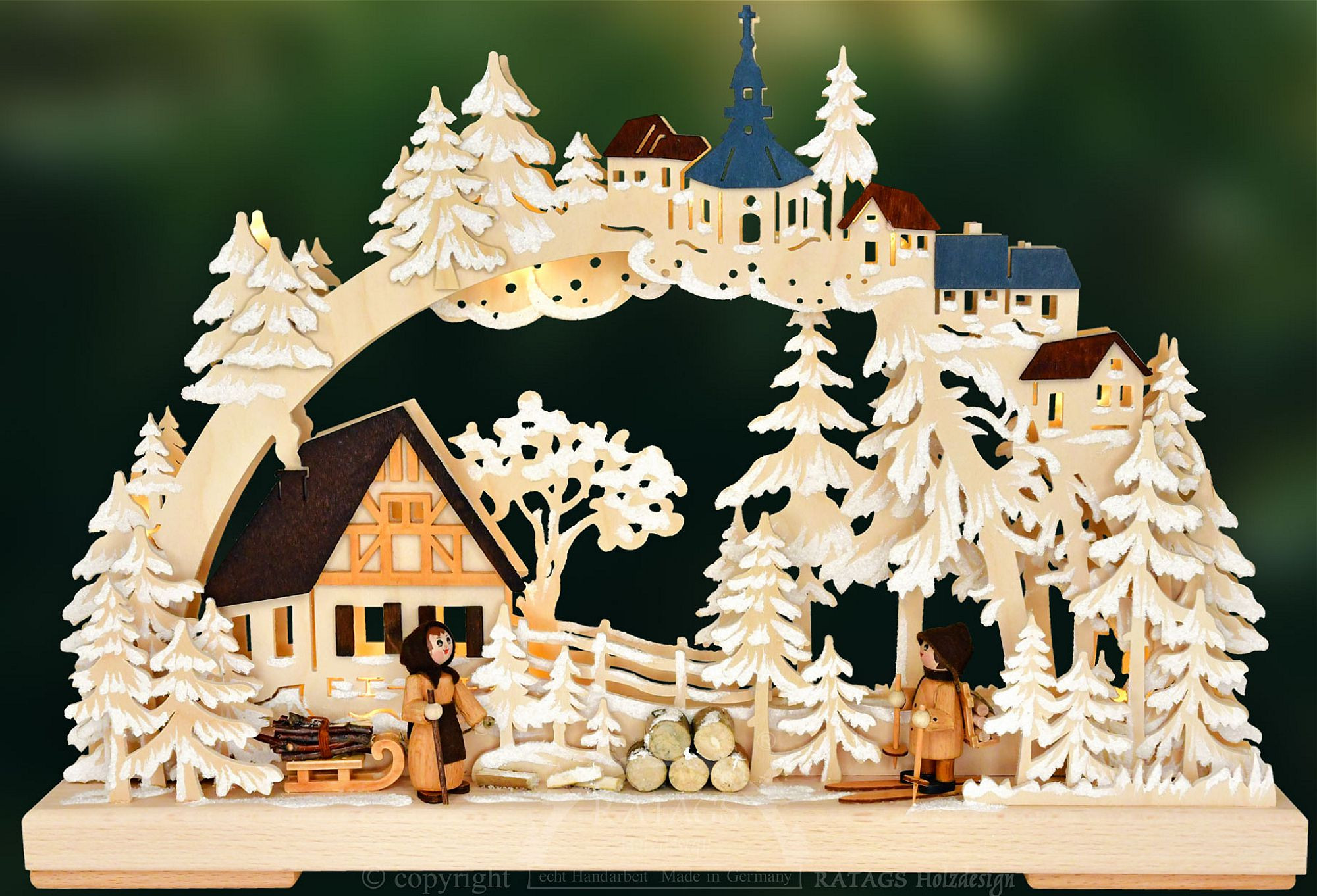 3D-Schwibbogen Holzsammler, farbige Dächer, klein - mit Raureif