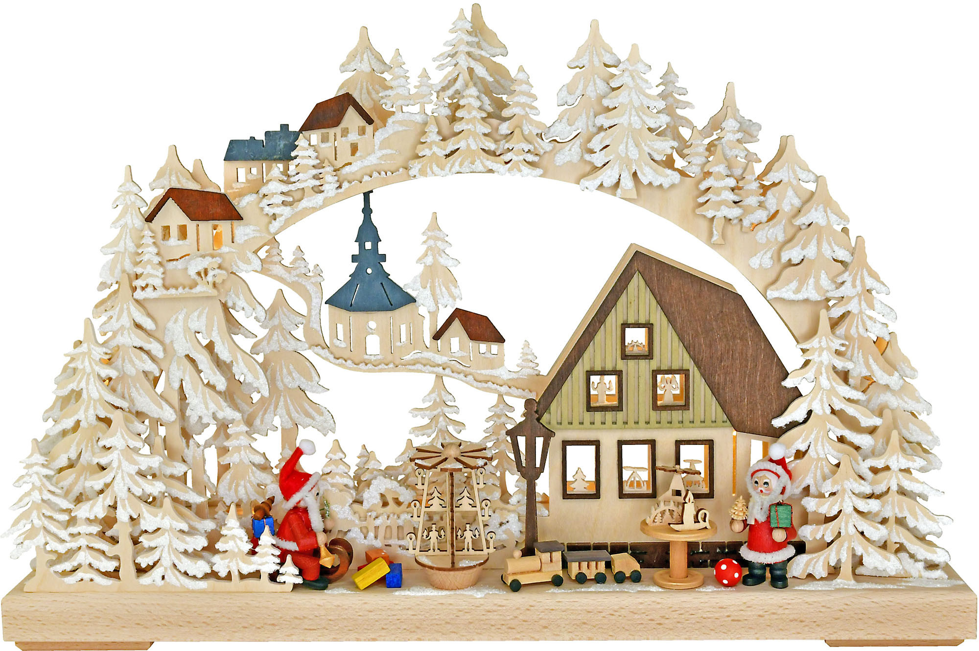 3D Schwibbogen Weihnachtsmannwerkstatt, rote Figuren, klein, Raureif 3D Schwibbogen Weihnachtsmannwerkstatt, rote Figuren, klein, Raureif