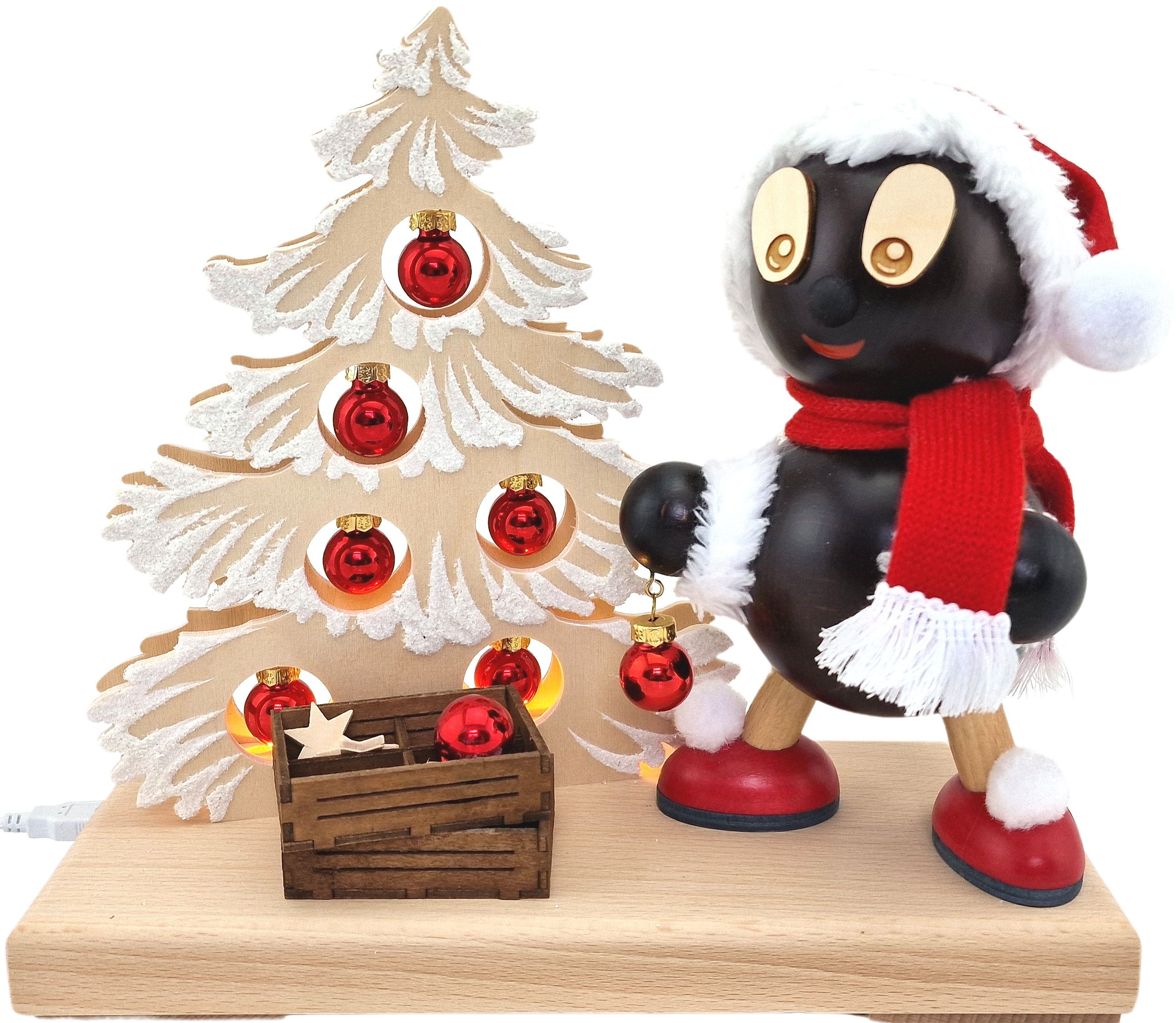 Tanne mit Raureif, Pitti Weihnachtslicht, klein, rote Kugeln