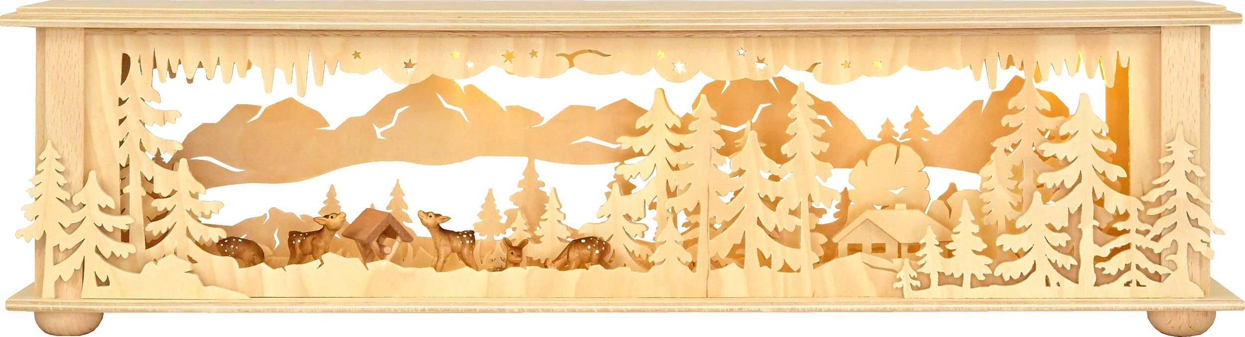 Raumleuchte Wald mit Futterkrippe, 5 geschnitzte Rehe - klein