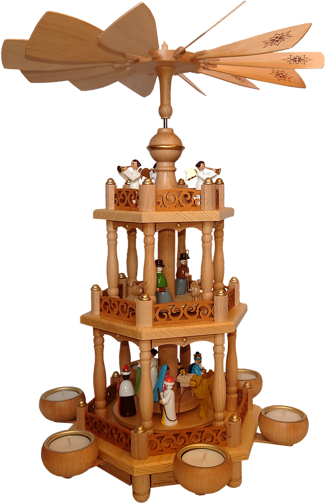 Teelichtpyramide Christi Geburt, bunte Figuren, 2-stöckig