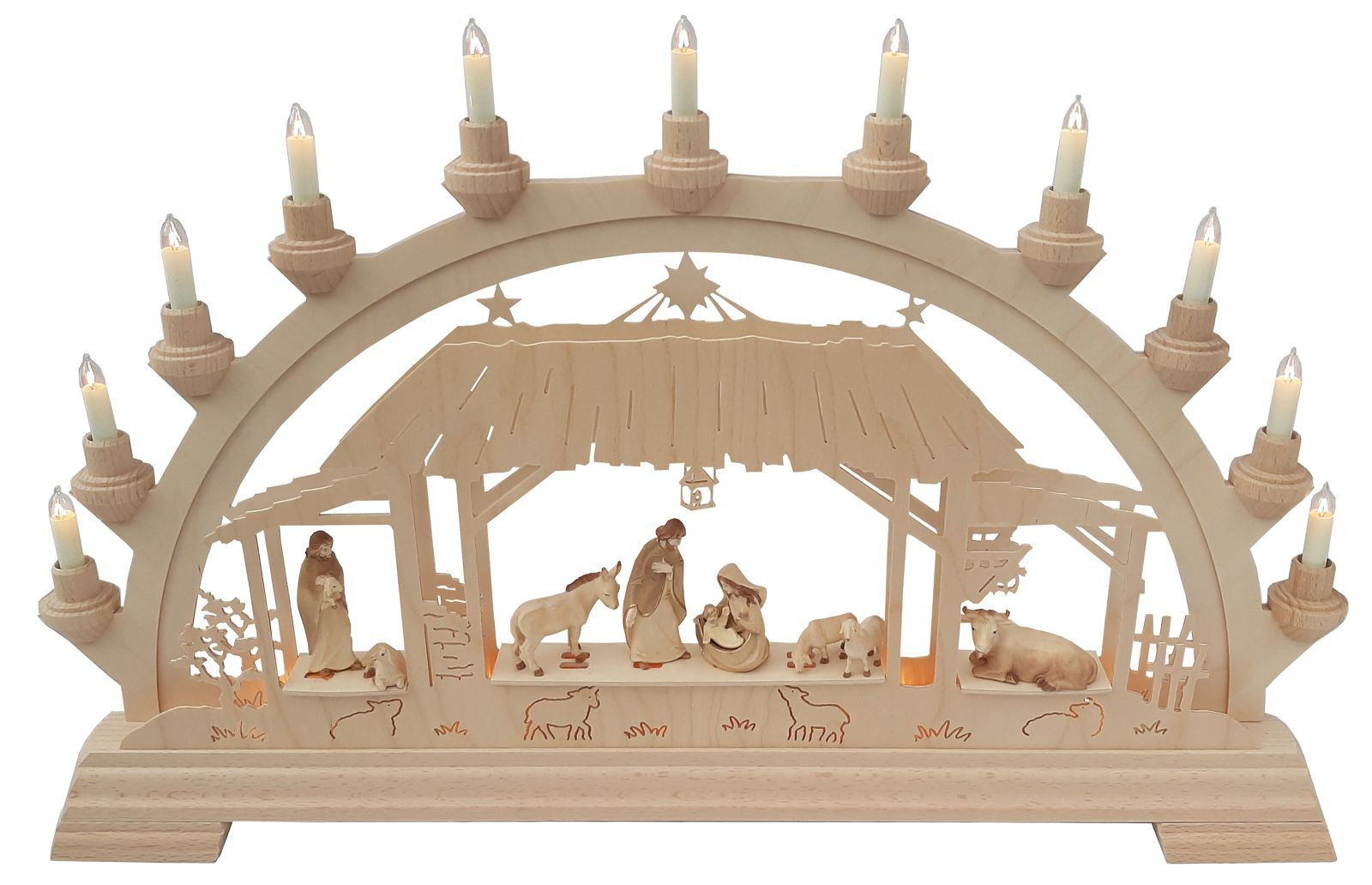 Schwibbogen Christgeburt im Stall mit Figuren gebeizt Schwibbogen Christgeburt im Stall mit Figuren gebeizt