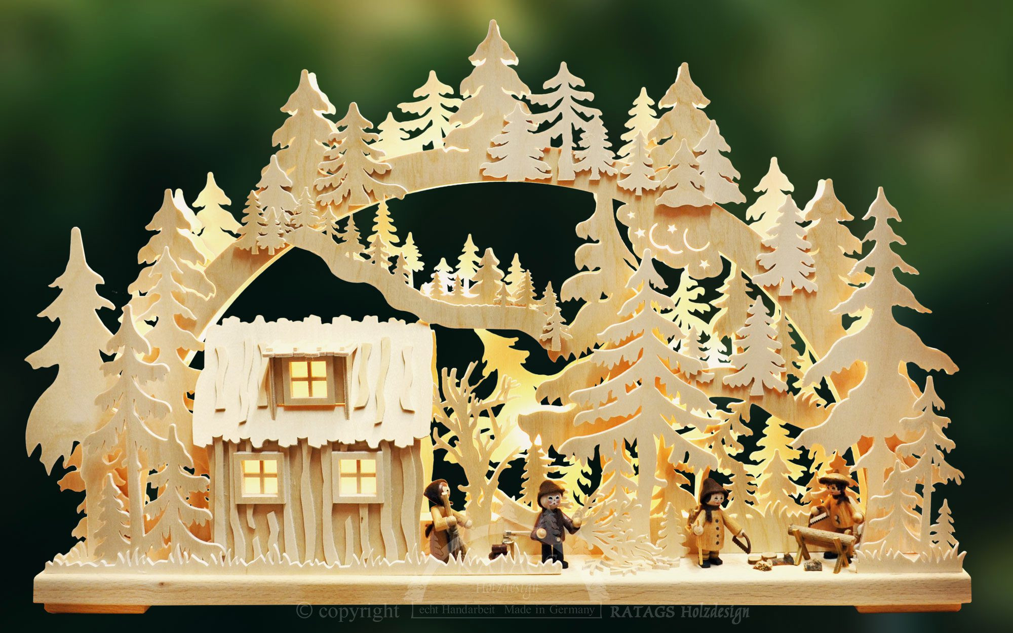 3D-Schwibbogen Blockhütte, mit Waldarbeitern, groß 3D-Schwibbogen Blockhütte, mit Waldarbeitern, groß