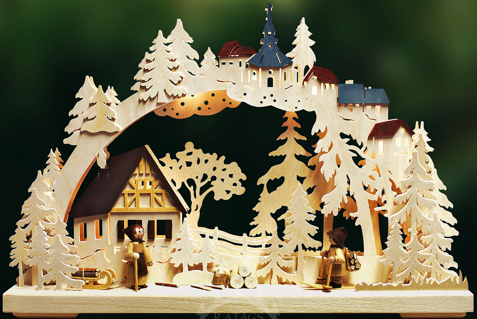 3D-Schwibbogen Holzsammler, farbige Dächer, klein