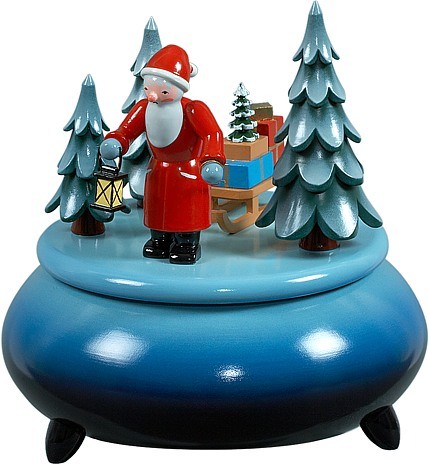 Spieldose - Weihnachtsmann mit Schlitten / blau-weiß Spieldose - Weihnachtsmann mit Schlitten / blau-weiß