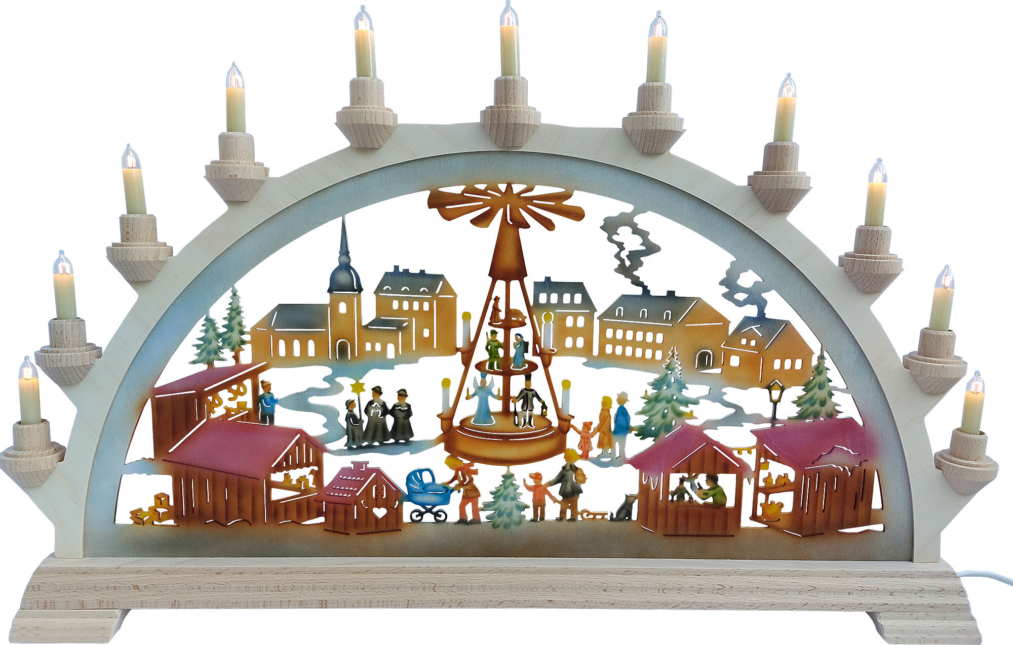 Schwibbogen Weihnachtsmarkt mit Pyramide, farbig Schwibbogen Weihnachtsmarkt mit Pyramide, farbig