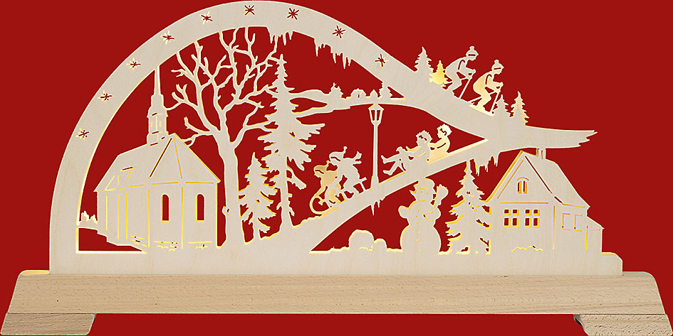 LED-Bogen - Kirche mit Wintersportler LED-Bogen - Kirche mit Wintersportler