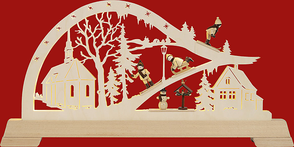 LED-Bogen mit Figuren - Kirche mit Wintersportler