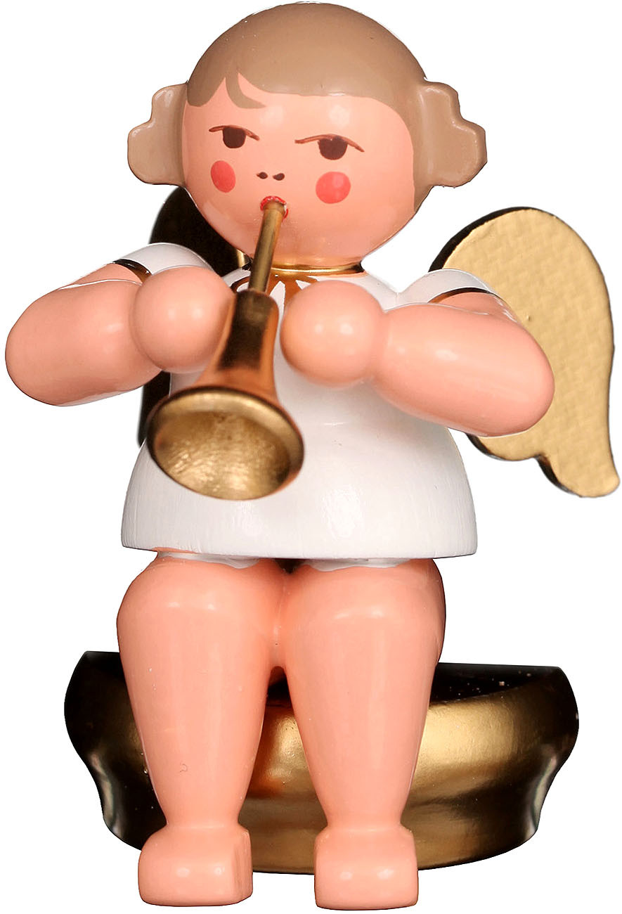 Engel mit Fanfare, sitzend - weiß/gold