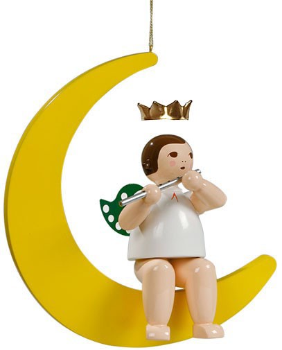 großer Engel auf Mond mit Querflöte - hängend, mit Krone großer Engel auf Mond mit Querflöte - hängend, mit Krone