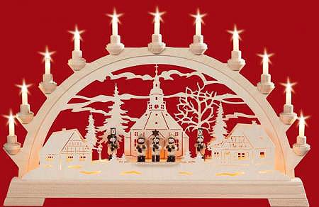 elektr. Schwibbogen Seiffener Kirche mit 5 Figuren elektr. Schwibbogen Seiffener Kirche mit 5 Figuren