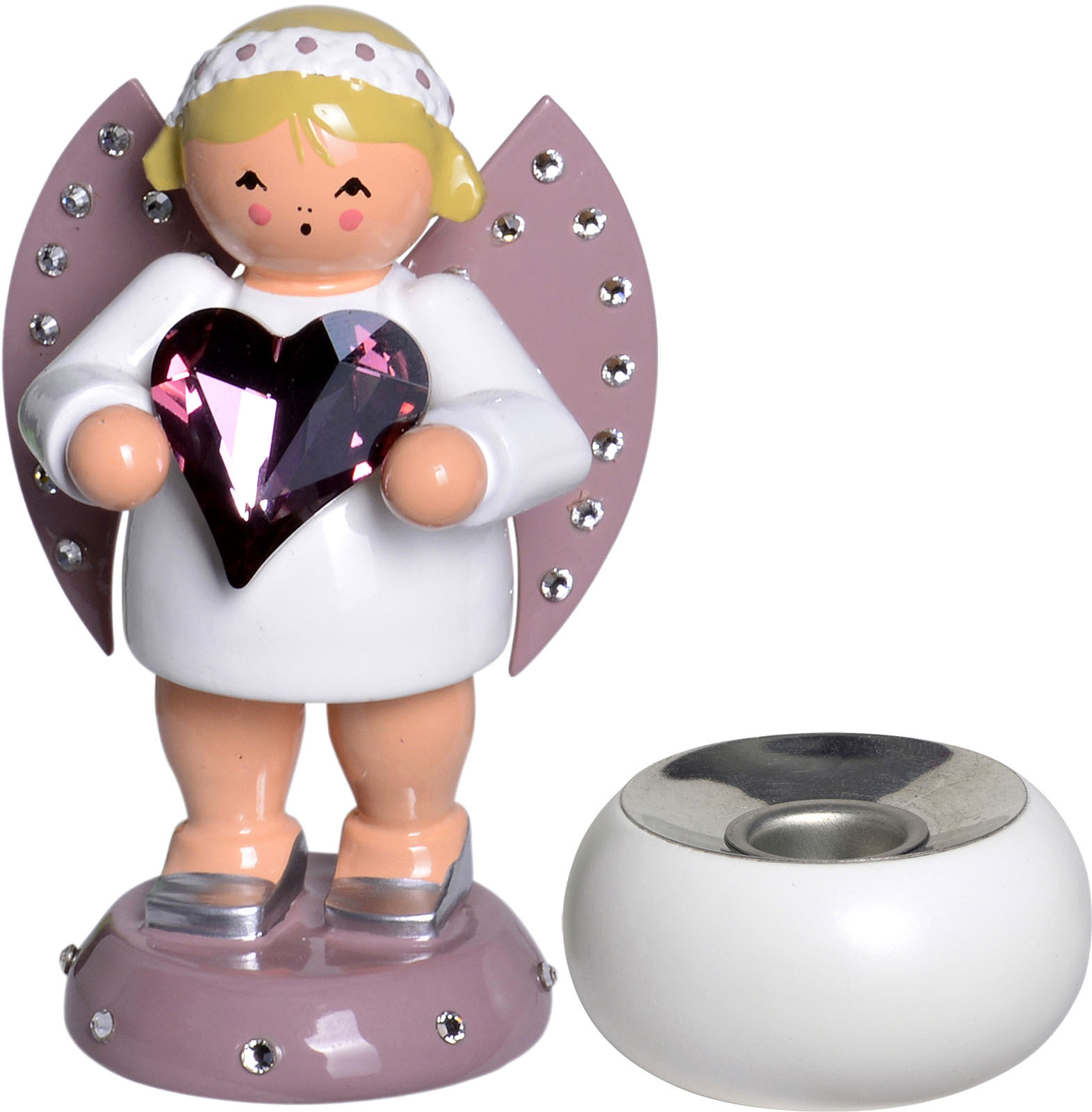 Glücksbote mit lila Swarovski-Herz und Kerzensockel Glücksbote mit lila Swarovski-Herz und Kerzensockel