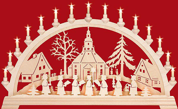 Schwibbogen Seiffener Kirche mit Kurrende Schwibbogen Seiffener Kirche mit Kurrende