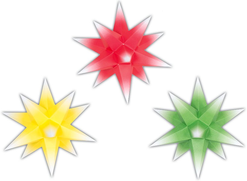 3er-Set Adventsstern rot, gelb und grün mit weißer Spitze 3er-Set Adventsstern rot, gelb und grün mit weißer Spitze