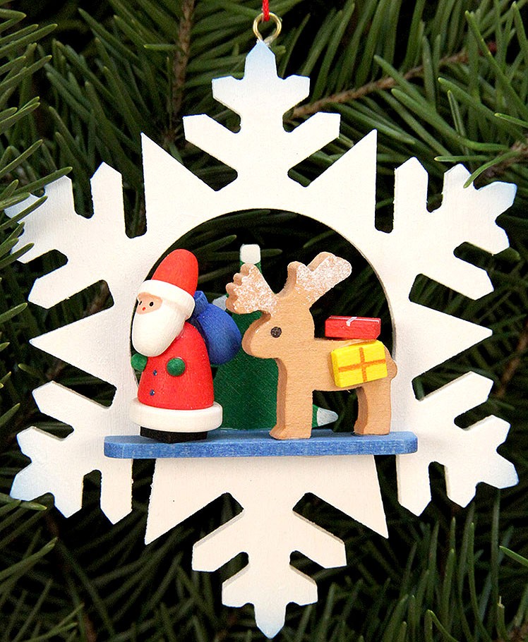 Baumbehang Schneeflocke - Weihnachtsmann mit Rentier Baumbehang Schneeflocke - Weihnachtsmann mit Rentier