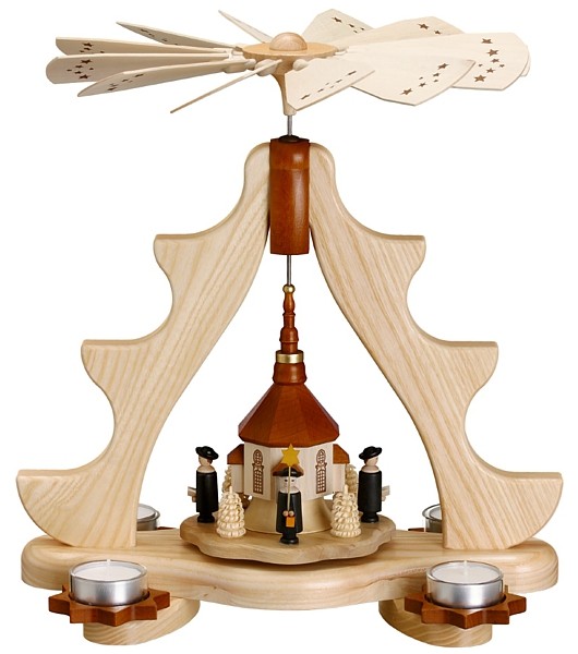 Pyramide mit Seiffener Kirche, Kurrende und Bäumchen, natur Pyramide mit Seiffener Kirche, Kurrende und Bäumchen, natur
