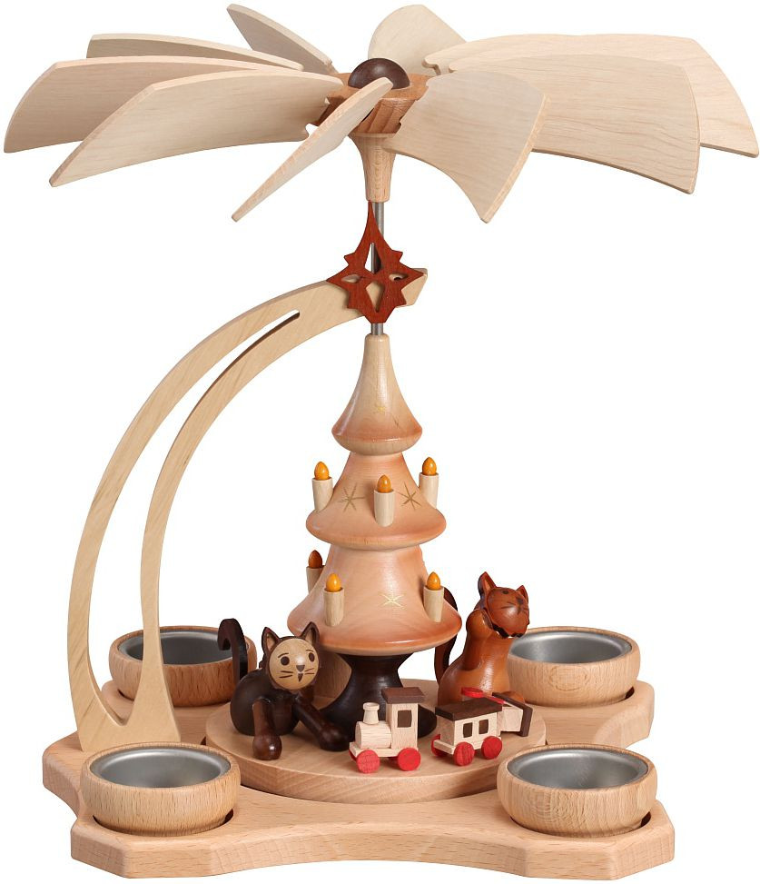 Tischpyramide natur, spielende Katzen, für 4 Teelichter Tischpyramide natur, spielende Katzen, für 4 Teelichter