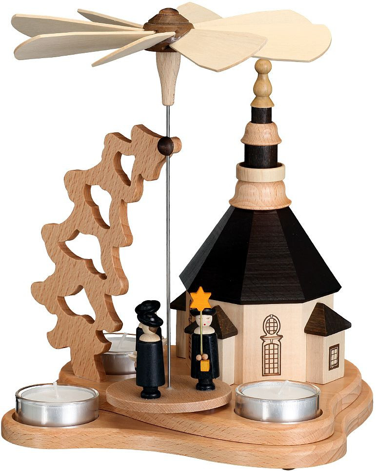 Pyramide mit Seiffener Kirche, natur, für 3 Teelichter Pyramide mit Seiffener Kirche, natur, für 3 Teelichter