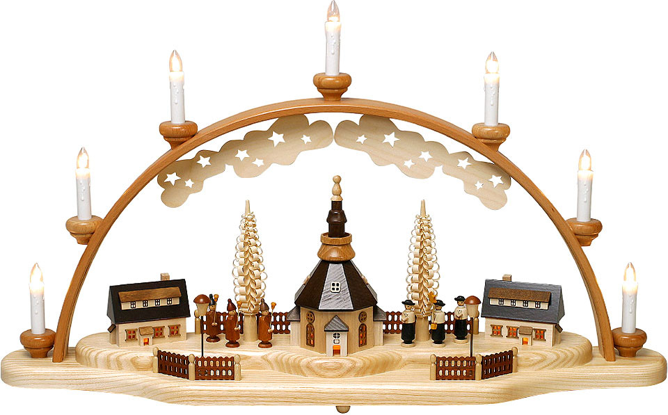 Schwibbogen Seiffener Kirche mit Häusern, Kurrende und Laternenkinder Schwibbogen Seiffener Kirche mit Häusern, Kurrende und Laternenkinder