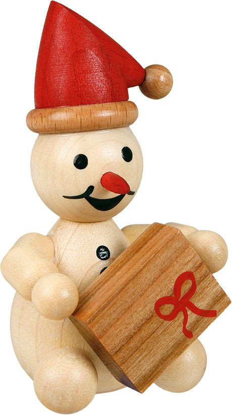 Schneemann Junior als Weihnachtswichtel mit Geschenk und roter Mütze