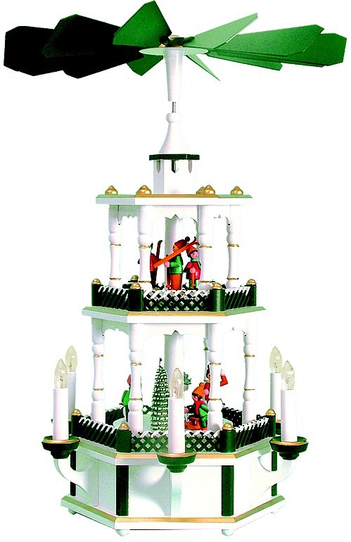 Weihnachtspyramide Winterkinder, weiß/grün, verschneiter Zaun Weihnachtspyramide Winterkinder, weiß/grün, verschneiter Zaun