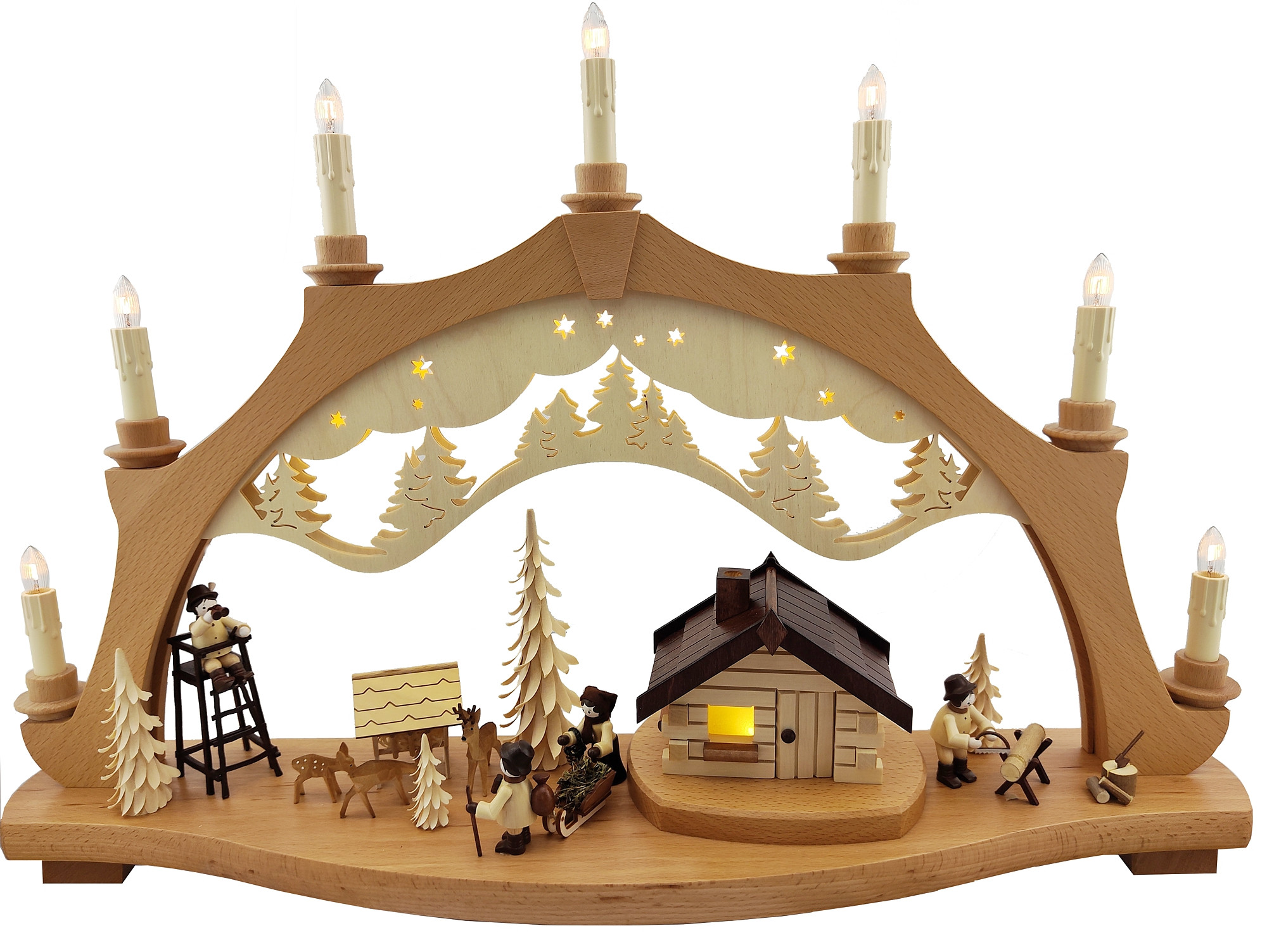 Lichterbogen Waldhaus mit gedrechselten Figuren Lichterbogen Waldhaus mit gedrechselten Figuren