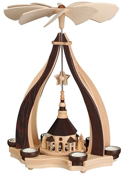 Design-Pyramide, Wenge/Hainbuche, mit Seiffener Kirche für 6 Teelichter Design-Pyramide, Wenge/Hainbuche, mit Seiffener Kirche für 6 Teelichter